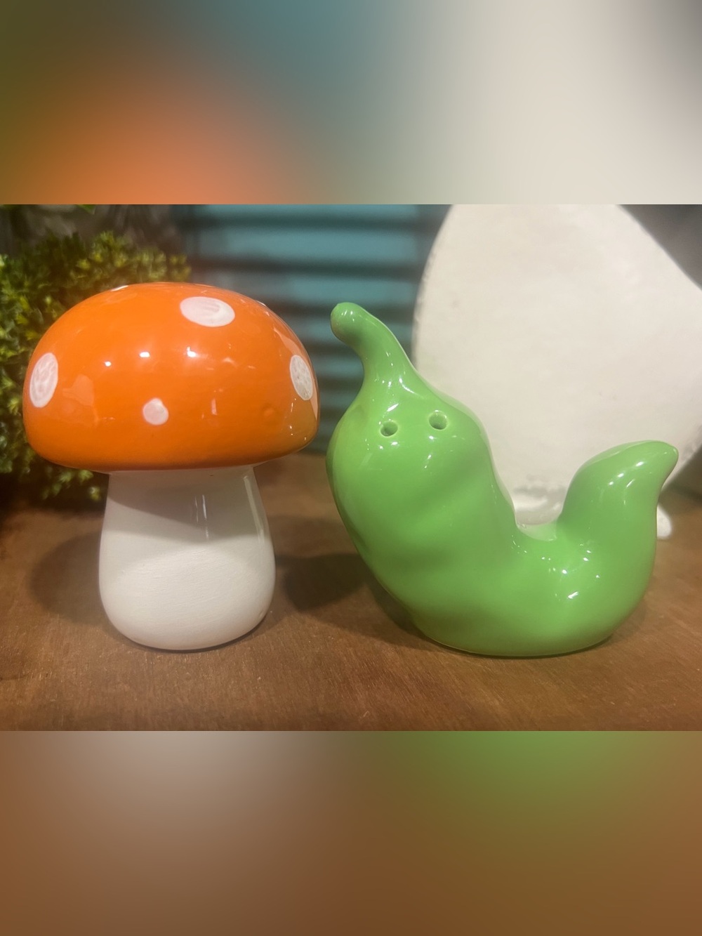 Vintage Whimsical Mushroom and Slug Ceramic Salt & Pepper Shaker Set Cottagecore